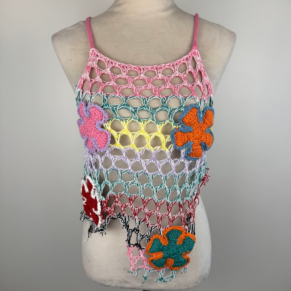 Crochet Rainbow Floral Mesh Camisole Top Boho Festival Rave Multi Color Sz S-M